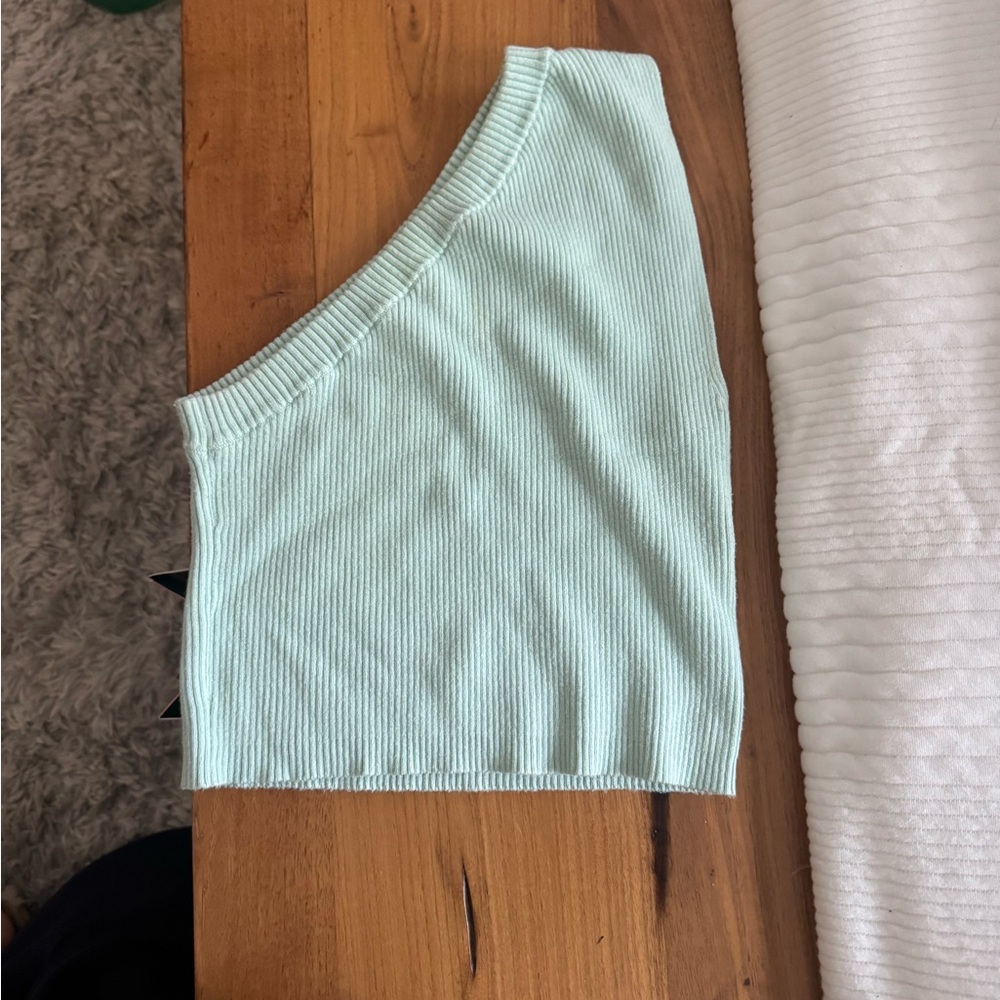 Camila Coehlo Mint Green Ribbed One-Shoulder Top